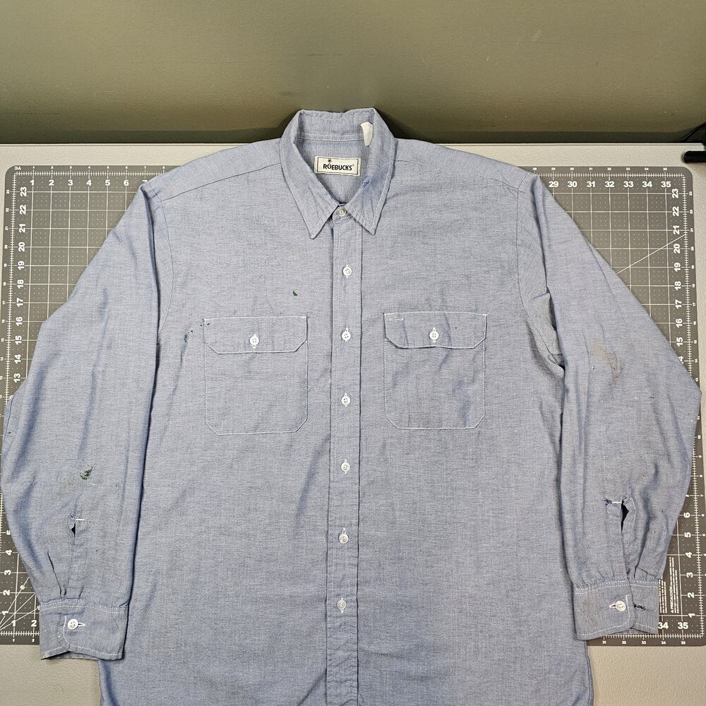 Vintage Roebucks Chambray Shirt XL Blue Lightweight Grunge Sears 60s 70s Work